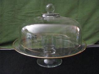   Clear Glass Cake Stand with Gold trim and Heavy Clear Dome Cover