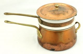 Vintage Copper Double Boiler Brass Handles Bain Marie Pan Cookware 