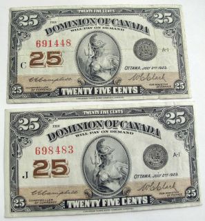 1923 CANADA 2 X 25 CENTS SHINPLASTER PAPER MONEY DOLLAR