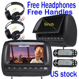 DUAL GRAY 9 CAR HEADREST DVD RADIO USB SD PLAYER FREE HEADPHONES MP3 