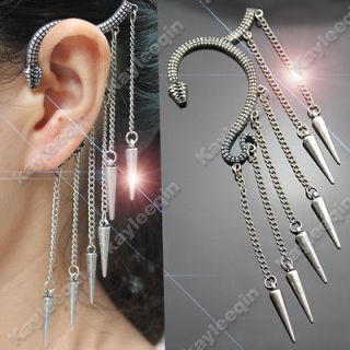   Silver Snake Spike Chain Tassels Ear Cuff Stud Earrings Goth Punk UO