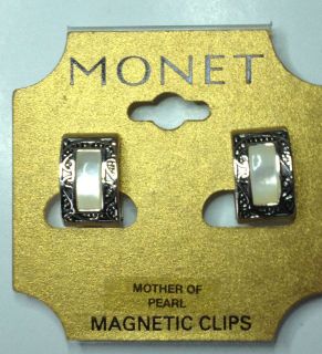 New MONET Earrings CLIP MAGNETIC Mother of Pearl MOP Silvertone Dangle 
