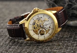 BIG SALE SPORTS MENS Skeleton Automatic Mechanical Brown PU Leather 