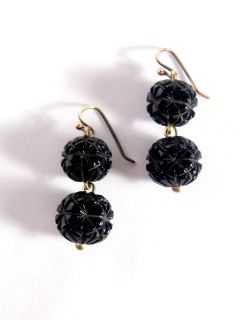 RARE ANTIQUE CARVED WHITBY JET EARRINGS / 9CT ROSE GOLD WIRES