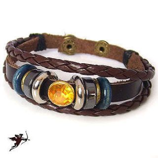 Leather bracelet wristband amber jewel bling ethnic handcraft artisan