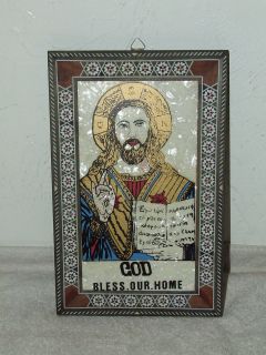 VINTAGE JESUS GOD BLESS OUR HOME RELIGIOUS MOSAIC MOTHER OF PEARL 