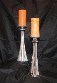 Set of Two (2) 13.5 Tall Silver Pillar Candle Holders