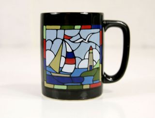   Japan Black Stained Glass Lighthouse Boat Flower Mug Coffee Tea Cup