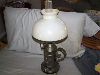   ELECTRIC OIL CAN TABLE LAMP   MILK GLASS HURRICANE SHADE AND CHIMNEY
