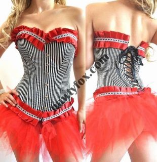 Plus Size Black Red Burlesque Stripe Pin Up Show Girl Corset Costume 