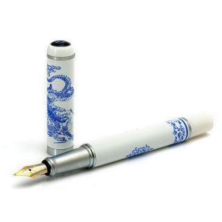 YIREN 828 White & Blue Chinese DRAGON Medium Nib Fountain Pen New