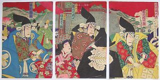 1889 Japanese Old Woodblock Print Triptych Of Chushingura Art by 