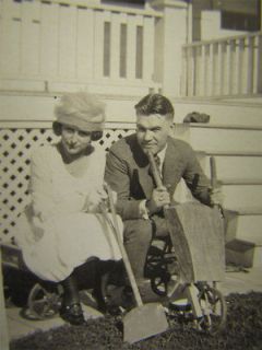 Antique Photo Garden Couple w/ Shovel & Wheel Barrel