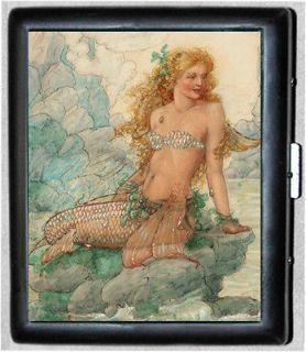 Beautiful Mermaid Vintage Art Black Metal Wallet Cigarette Case #946