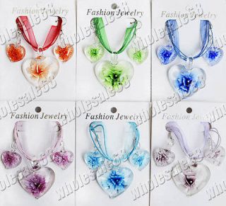   lots Wholesale lot 3set heart glass with flower pendant jewelry set