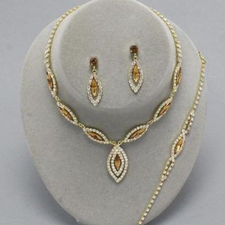 Gold 7 Oval Smoked Topaz Charm Earrings Necklace Bracelet Set 3 PC New 