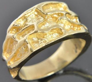 14K Yellow Gold Nugget Textured Wide Cigar Stack Band Ring Sz 5.75
