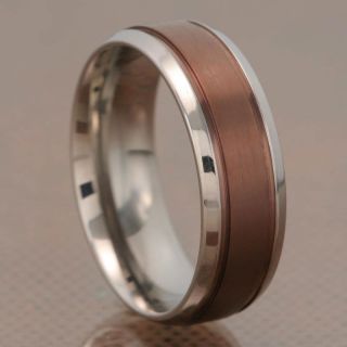 Mens Jewelry Coffee Gold Titanium Grooved Brushed Top Beveled Edge 