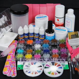 PRO UV GEL NAIL KIT + 24 Powders 5 Glues FILE BLOCKS Primer Tips kits 