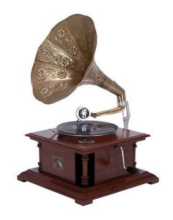   Replica Dark Wood Phonograph Gramophone with Large Engraved Brass Horn
