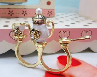   Betsey Johnson white ivory coffee pot cup spoon double ring ring R165