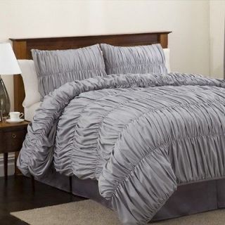 4pc Venice Silver Gray Ruched Faux Silk Comforter Set King