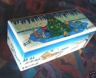 Wooden Hand Painted Box Christmas Ice Skater Santa Farm