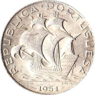 1951 Portugal 2 1/2 Escudos Silver Coin Ship KM#580