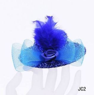 Blue Sweet Mini Top Hat Hair Clip Feather Veil Borknot Cocktail Party 