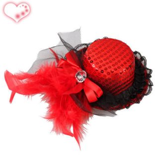   Red Bow Feather Lace Hair Clip Mini Top Hat Party Mini Top Hat