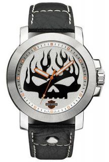   Davidso​n Bulova Mens Flames Skull Black Leather Strap Watch 76A137