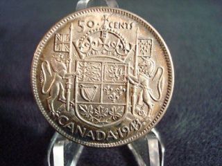 1943 Canadian 50 Cent Piece   80% Silver   69 Years Old