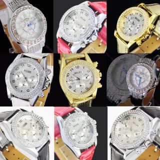 gift Women Girl Manmade Crystal Diamond Quartz Wristwatch Leather 
