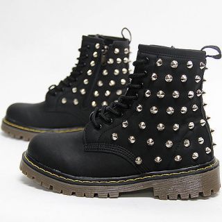 Womens Black Silver Studded High Top Zip Combat Boots / Ladies 