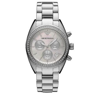 Latest Armani Ladies AR5959 Silver Diamond Chrono Watch, Full Box 