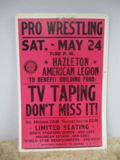 Vintage Pro Wrestling Event Poster Hazelton American legion TV Taping