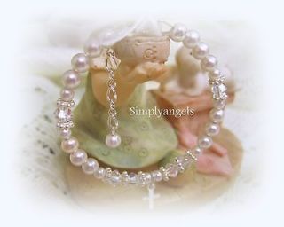   Swarovski pearl crystal infant baby girl baptism cross bracelet