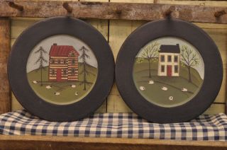 Folk Art / Country House & Sheep Wooden Decorative Plates ~Set of 2~