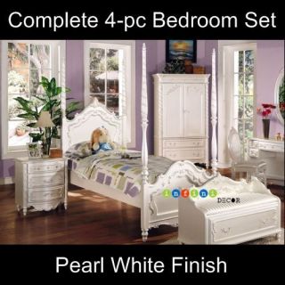 White Twin Poster Canopy Bed Girl Kid Bedroom Set