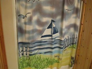 Nautical Beach Shell SEASIDE Shore Boat Scene Shower Curtain Fabric 