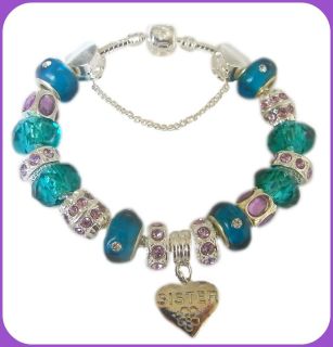 SISTER TEAL LILAC & SILVER CHARM BRACELET GIFT BOXED/ 30TH/40TH/65TH 