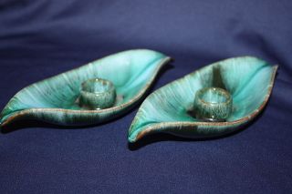 VINTAGE BMP BLUE MOUNTAIN POTTERY AQUA CANDLE HOLDERS RETRO MARKED 