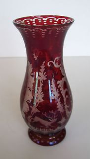   Tall Ruby Cut to Crystal Hand Blown Art Glass Vase Stag Bohemia Czech