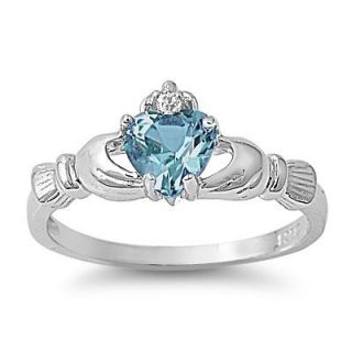 Silver Claddagh Ring with BLUE TOPAZ CZ   Available in Sizes 5 6 7 8 9 