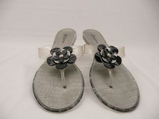 Brighton Jelly Flowered Clear/ Black/ Silver Flip Flops Sandals Sz 9