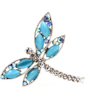 Large Turquoise Crystal Dragonfly Antique silver Brooch Pin