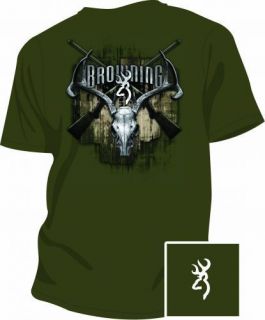 SPG Browning Mens Graphic Short Sleeve T Shirt Olive Green Skull Rifle 