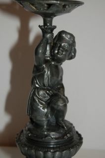 VINTAGE HUGE PEWTER CANDLESTICK WITH PUTTO ANGEL c1880
