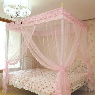 Pink Luxury 4 Post Lace Bed Canopy + Frame Set Mosquito Net / New