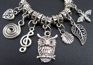   Silver OWL Leaf Musical Note Dangle Beads Fit DIY Charm Bracelets